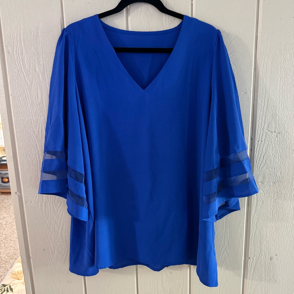 3XL Royal Blue V-Neck Blouse with Sheer Sleeves